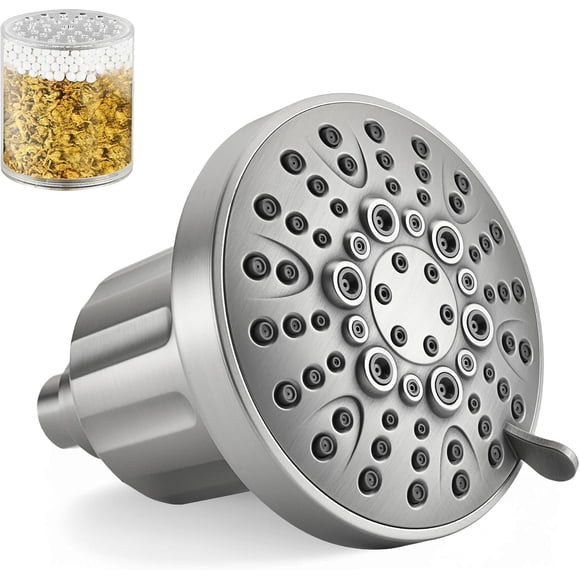 BRIGHT SHOWERS Filtered Shower Head, High Pressure Fixed Showerhead for Hard Water, Dual-Media Filter Removes Chlorine & Impurities, 8 Spray Modes, Brushed Nickel