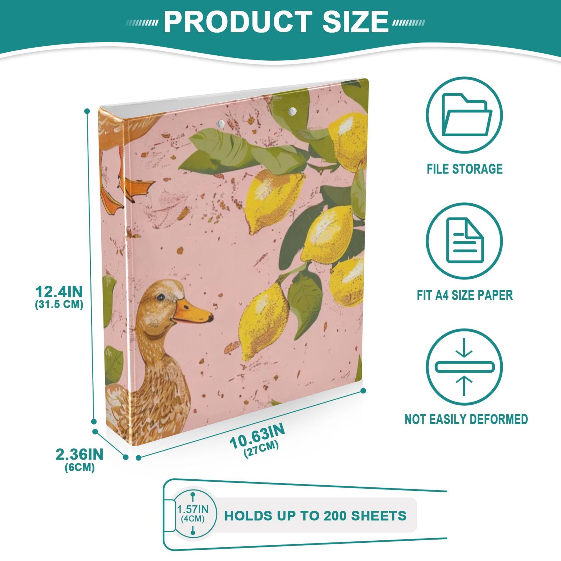 Duck with Lemon 3 Ring Binders 1.5 inch Hardcover File Folders with Interior Pockets A4 Size Organizer for School Office Hospital