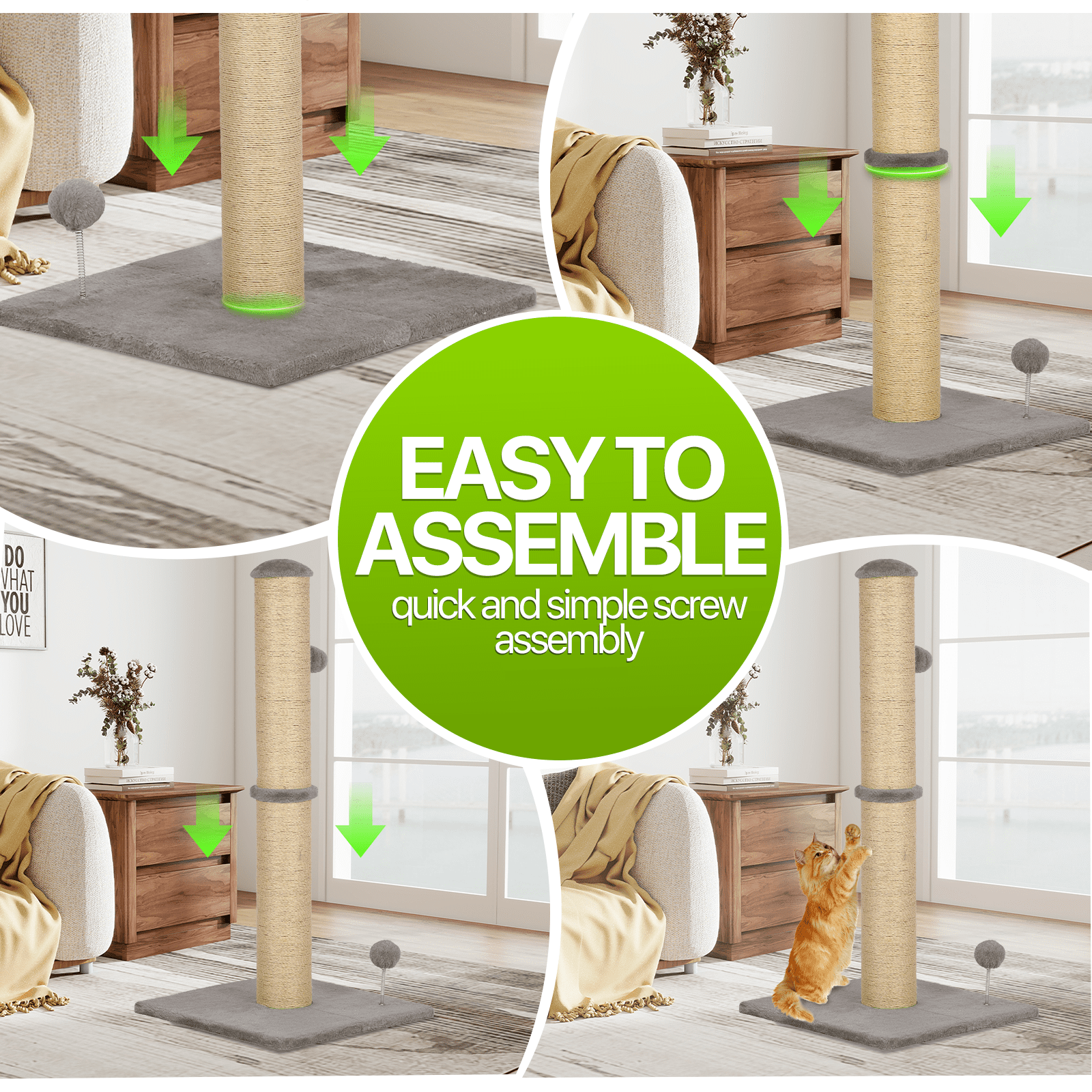 Dkelincs Cat Scratching Post with Sisal & Spring Ball Toy 33" Tall Cat Scratcher for Indoor Cats/Kittens Natural Sisal Scratch Post Trees for Living Room Bedroom, Light Gray