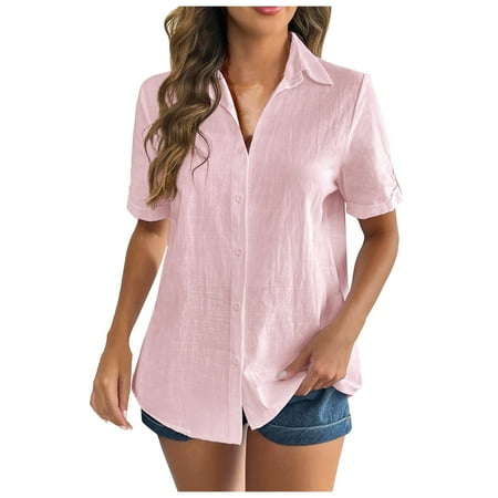OJSFQUFP Womens Dress Tops Pink Women Linen Button Down Shirt Rolled Short Sleeve Blouse Ladies Summer Casual V Neck Beach Cotton Tops Semi-Formal Shirt XL