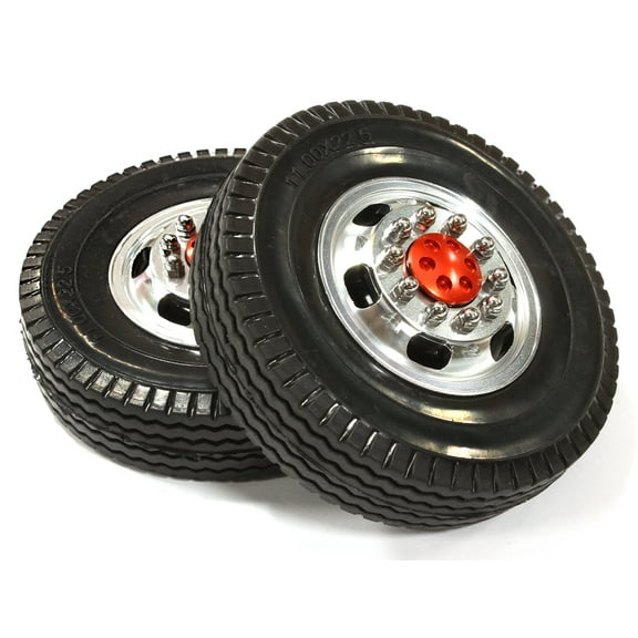 Integy RC Toy Model Hop-ups C25546RED Billet Machined Alloy Front Wheel 12R  Tire for Tamiya 1/14 Scale Tractor Trucks