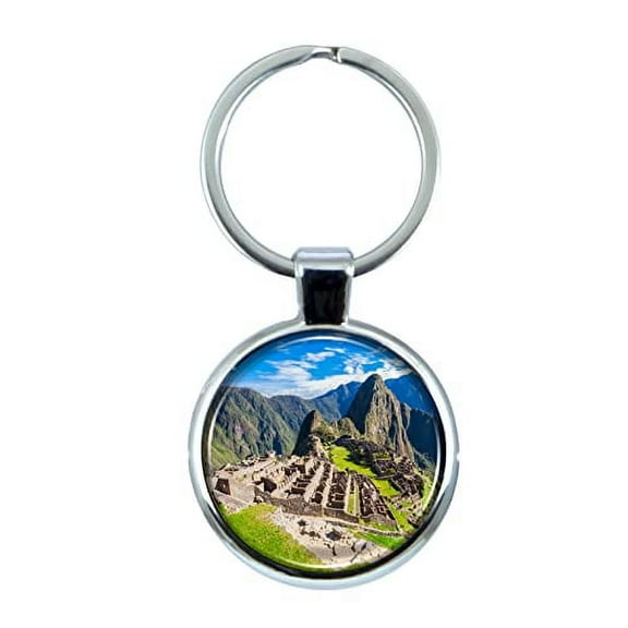 Machu Picchu Peru Keychain with Epoxy Dome and Metal Keyring