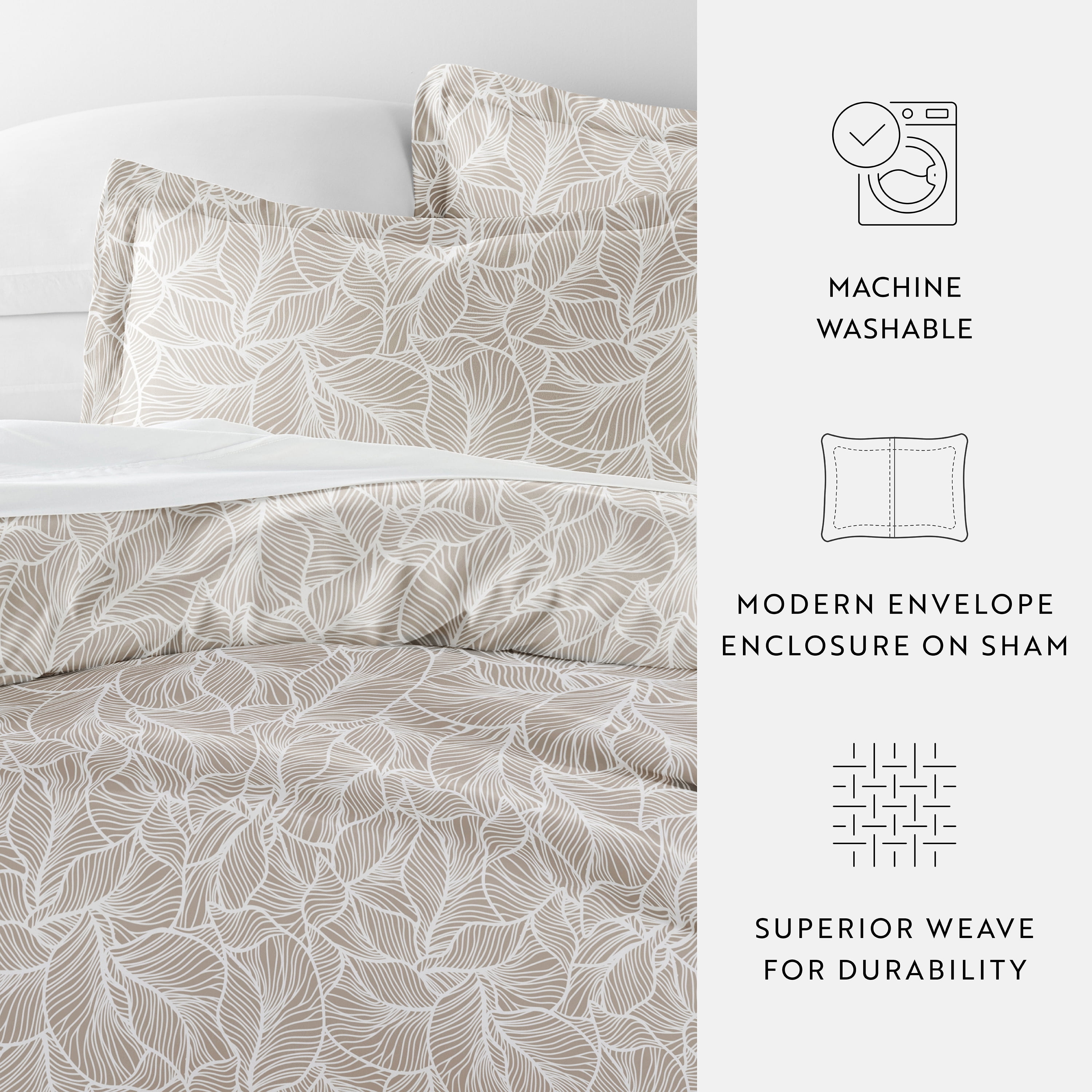 Noble Linens Linear Leaves Taupe 3-Piece Patterened Duvet Cover Set, King