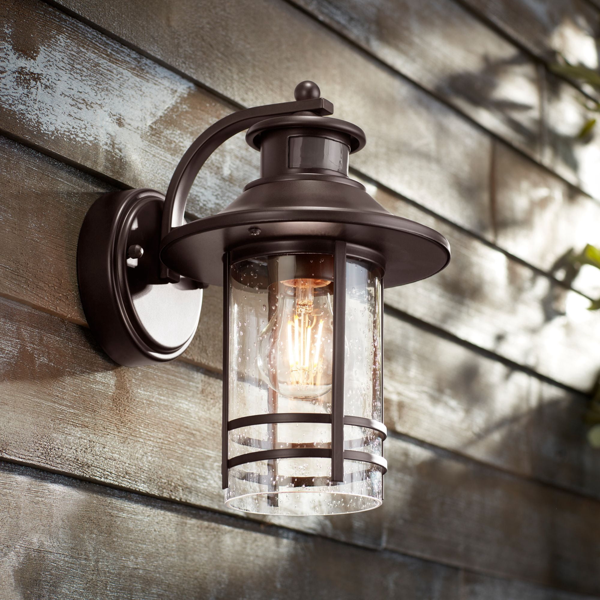 John Timberland Galt Outdoor Mission Wall Light Fixture Oil Rubbed Bronze Motion Sensor Dusk to Dawn 11 1/4" Seedy Glass for Post Exterior Barn Deck