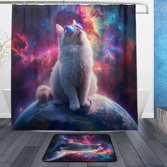BZSMCE Shower Curtain and Bath Accessory Set,Cat in Space Pattern