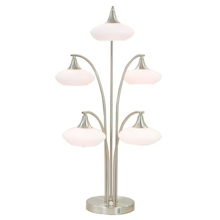 Benjara BM308984 31 in. Metal & Glass Table Lamp with 5 Dome Shape Shades, Sand Chrome & White