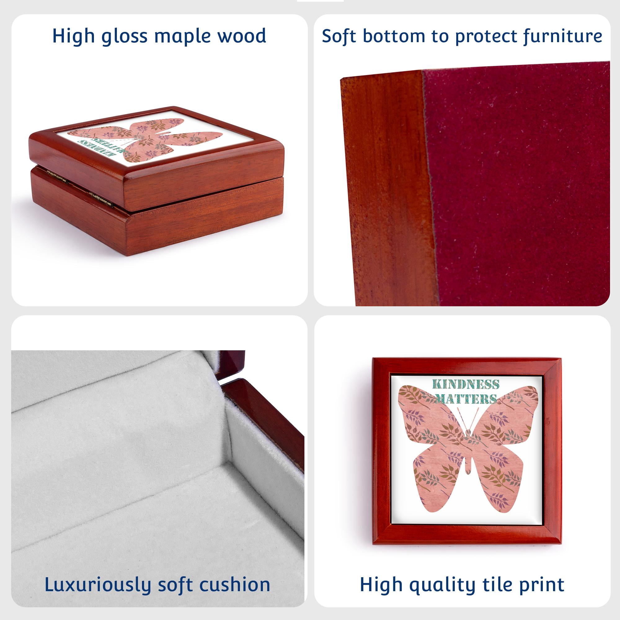 3dRose, Kindness Matters with Pink Vintage Style Butterfly, Jewelry Box 5.5x5.5 inch with 4 inch tile