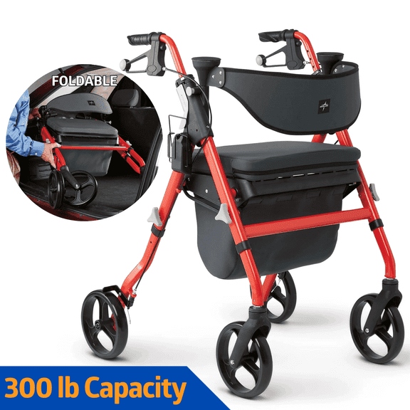 Medline Rolling Walker, Rollator with Seat and 8-In Wheels, Lightweight, Red, 300-lb Capacity, Aluminum, Memory Foam Seat