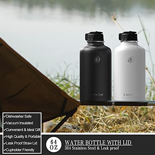 Umite Chef Water Bottle Double Walled Thermo Mug Vacuum Insulated Wide Mouth Stainless-Steel Sports 18-64OZ Water Bottle with New Wide Handle Straw Lid,Hot Cold 