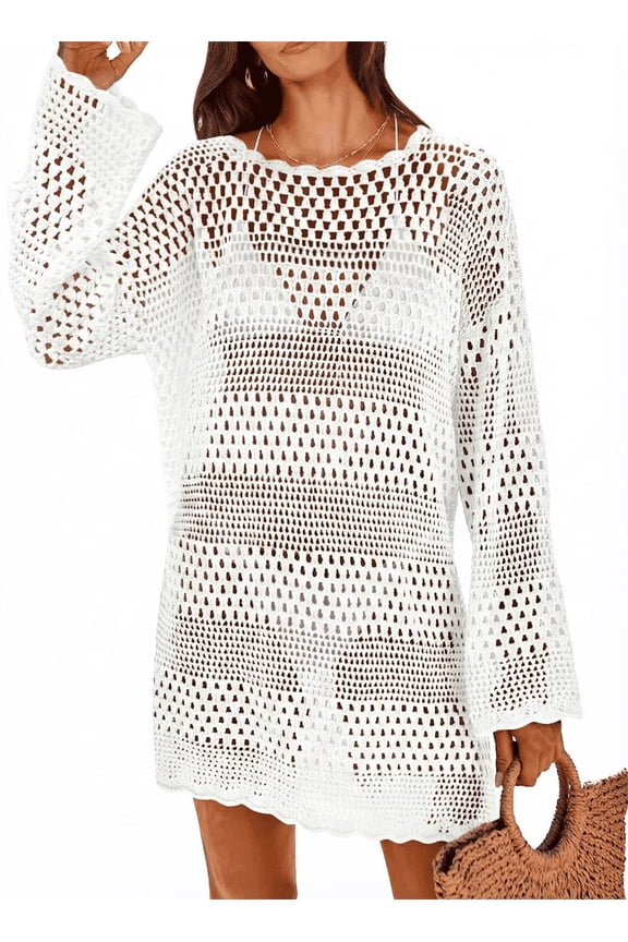 Swimsuit Cover Up for Women Long Sleeve Crochet Swimsuit Summer Bathing Suit Bikini Swimwear Mesh Knit Beach