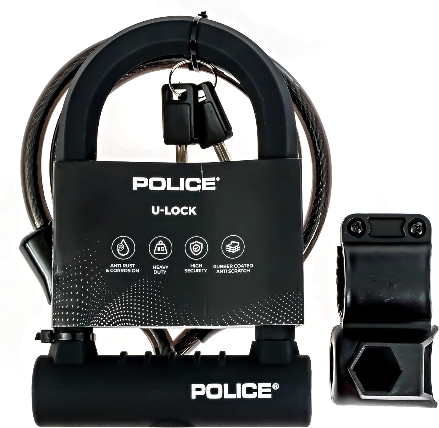 POLICE U-Lock Bike Lock with Key, U-Lock for Bicycles, Lock for Scooters, Outdoor Equipment Silicone-Coated Bike Lock with Cable Heavy Duty Black