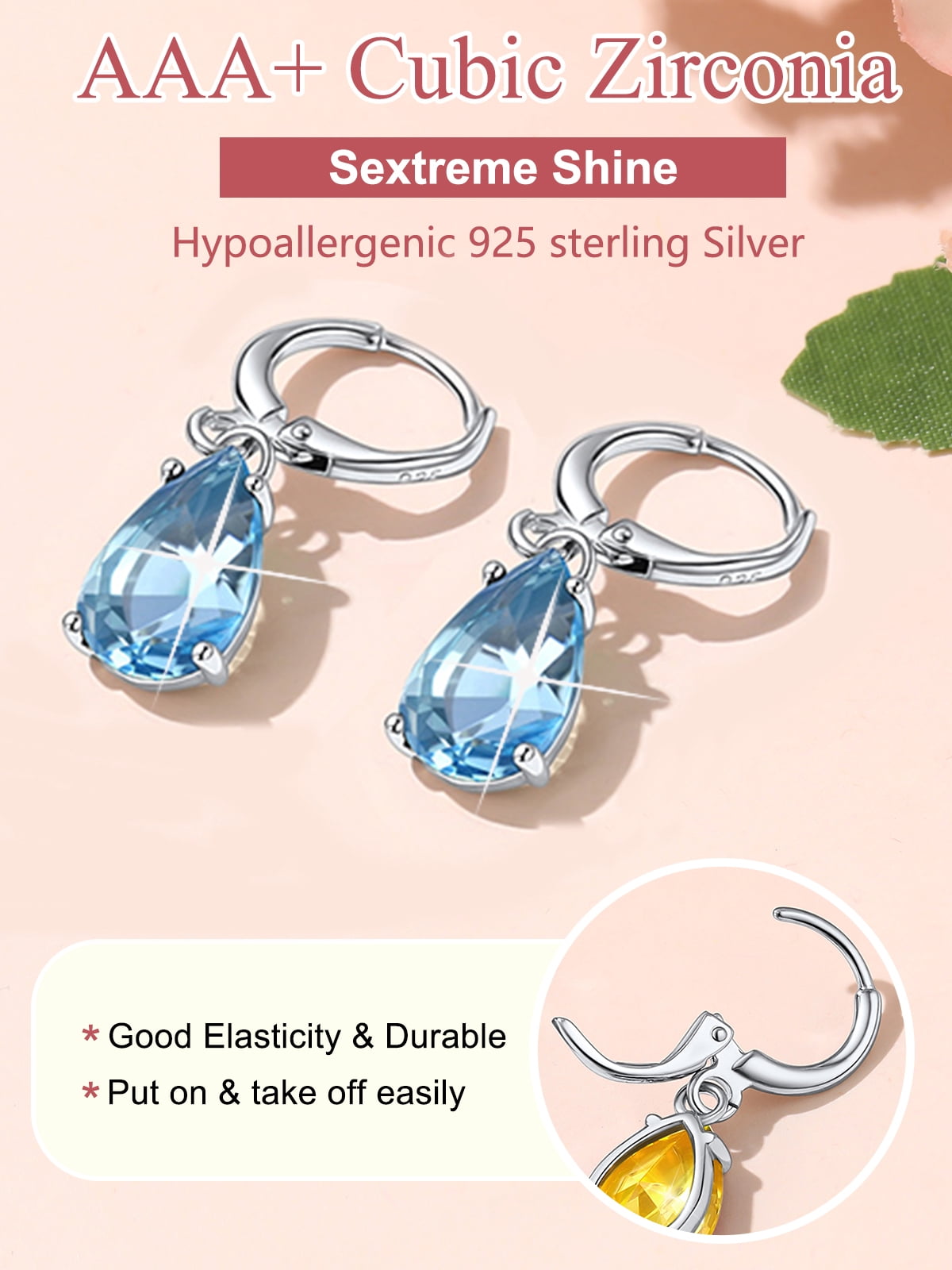 FOCALOOK Birthstone Dangle Hoop Earrings for Women Sterling Silver Teardrop Cubic Zirconia March Blue Aquamarine Leverback Huggie Drop Earrings Birthday Valentines Day Jewelry Gift