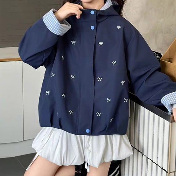 Girls Bow Print Windbreaker Kids Plaid Inners Windproof Rain Jacket Waterproof Hooded Raincoat (Dark Blue)