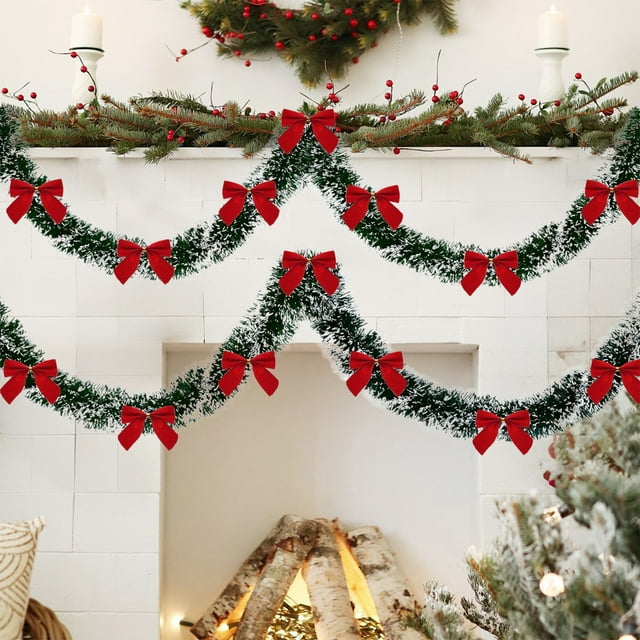 Multicolor Plastic Christmas Tree Garland with Floral Pendant Pull and Ribbon Trim for Holiday Window and Staircase Decoration