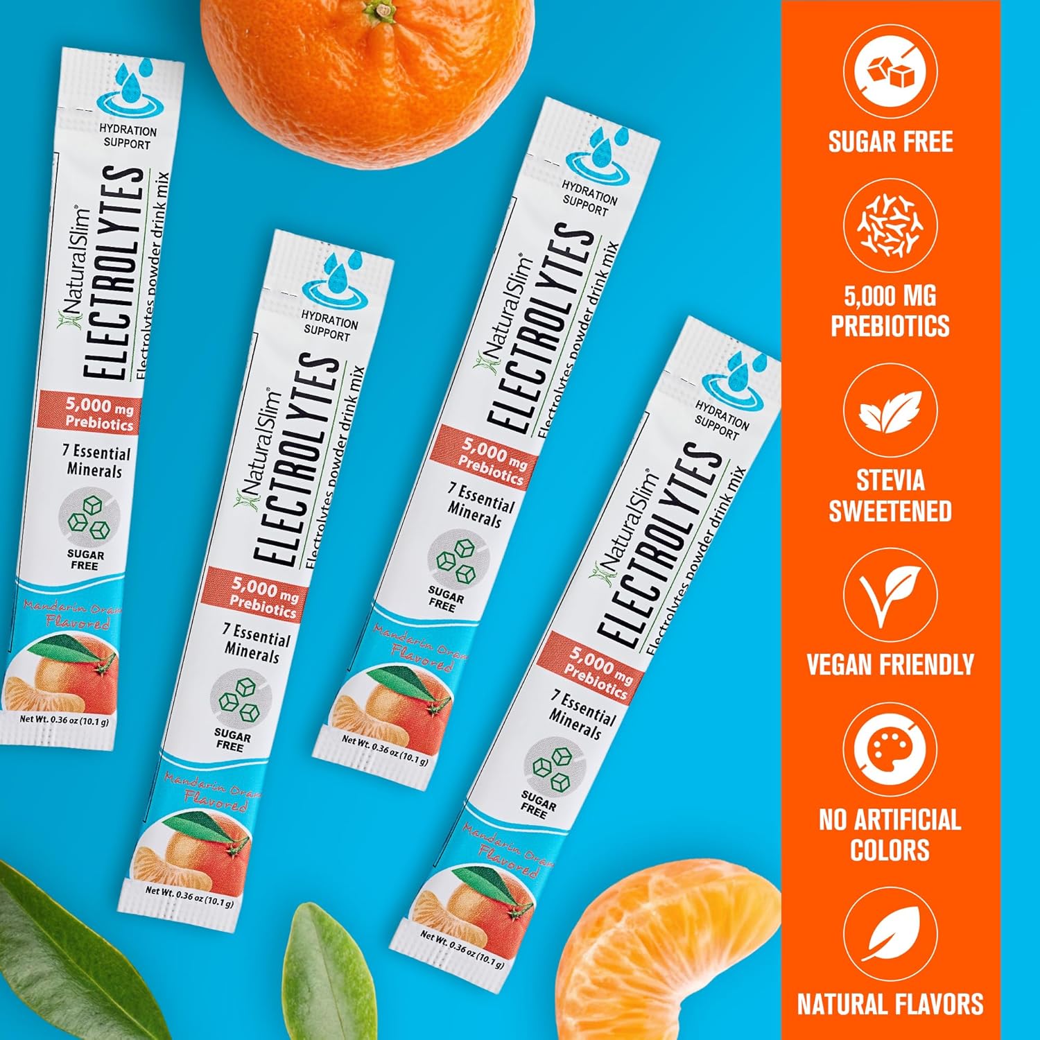 NaturalSlim Electrolytes Powder, Sugar-Free Hydration & Energy Drink Mix with Prebiotics, Mandarin Orange, 16 Stick Packs (5.7 oz)