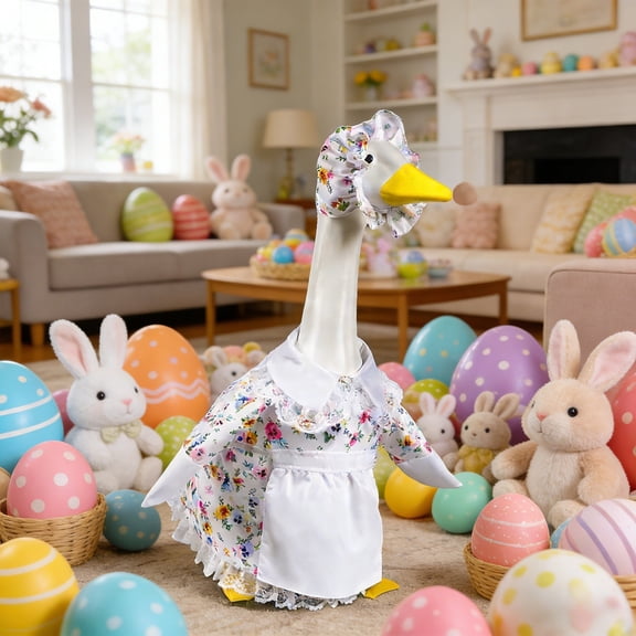 Porch Goose Outfit Goose Apparel Set 23 Inch Floral Print Dress Bonnet Easter Spring Outdoor Garden Goose Wear(White-23in)