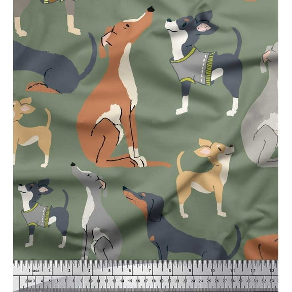 Soimoi Green Cotton Duck Fabric Cute Dog Decor Fabric Printed Yard 44 Inch Wide