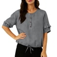 thumbnail image 2 of LEKWK Womens Linen Blouse Ruffle Sleeve Button Down Shirt Round Neck Tunic Tops Cute Tops Loose Fit Solid Soft Summer Casual Outfits, 2 of 7