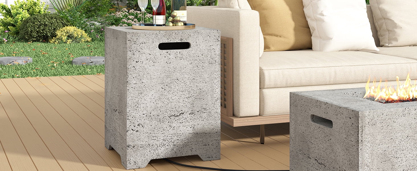 Mintazer 15.75" Outdoor Propane Tank Cover Table with Side Handles & Protective Cover for Patio Backyard, No Assembly Needed, Light Gray