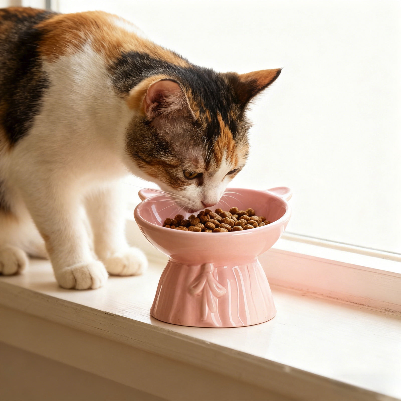 Lunxisen 1 Pcs Elevated Cat Food Bowl, Ceramic Raised and Tilted Water Bowl, Anti Vomiting and Protect Pets' Spines Dishes for Small Dog, Fat Faced Cat, Kitten
