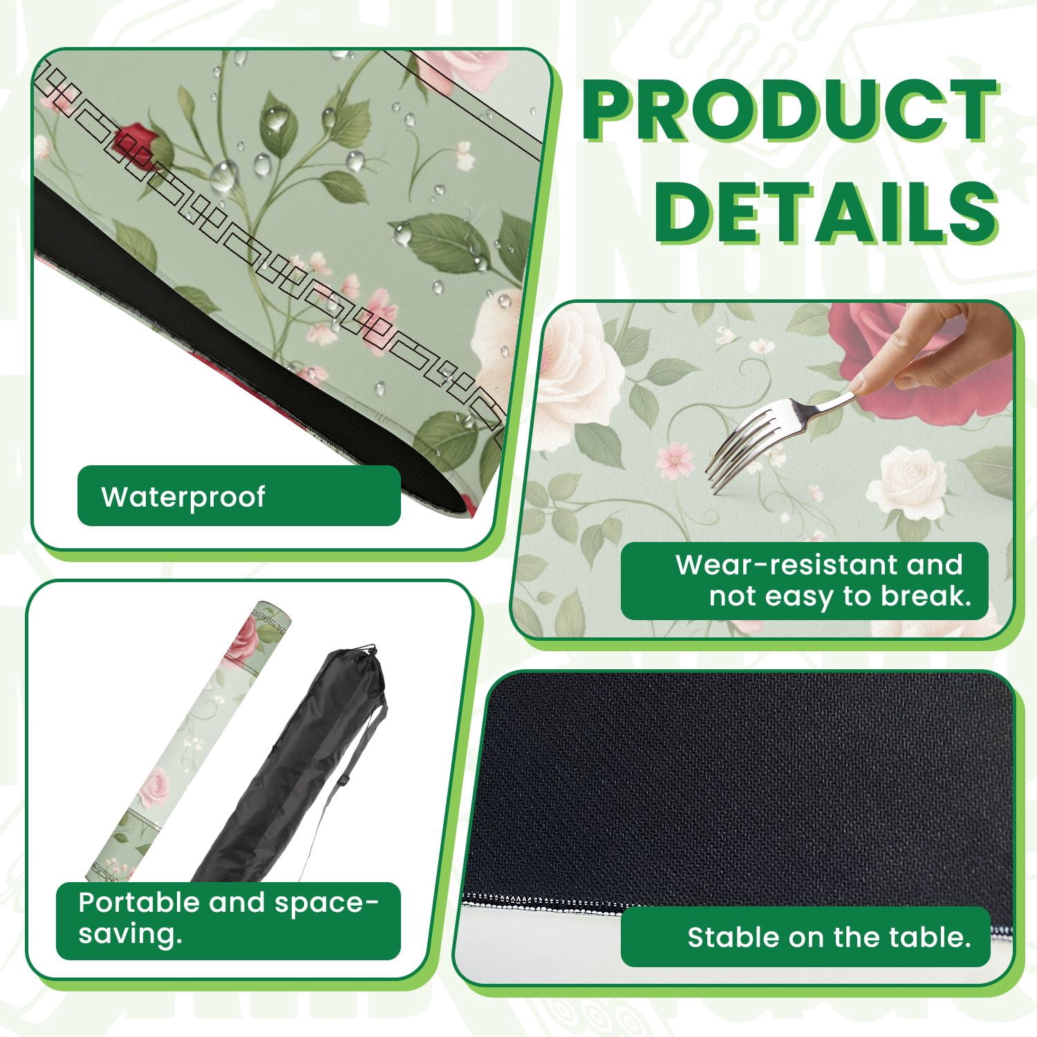 Mahjong Mat 31.5" x 31.5" Vintage Floral Roses Red Pink White Green Non-Slip Noise Reduction American Mahjong Tiles Table Cover for Dominoes Poker Card Board Games Gift