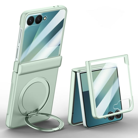 ELEHOLD Magnetic Rugged Case For Samsung Galaxy Z Flip 7, Built-in Tempered Glass Film, Mag-Safe Charging 360° Ring Holder Slim Foldable Shockproof Case Cover,Lightgreen