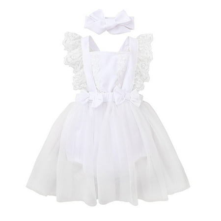 

OLLUISNEO Infant Baby Girls Summer Dress Square Neckline Lace Ruffle Sleeve Mesh Dress 6-9 Months White