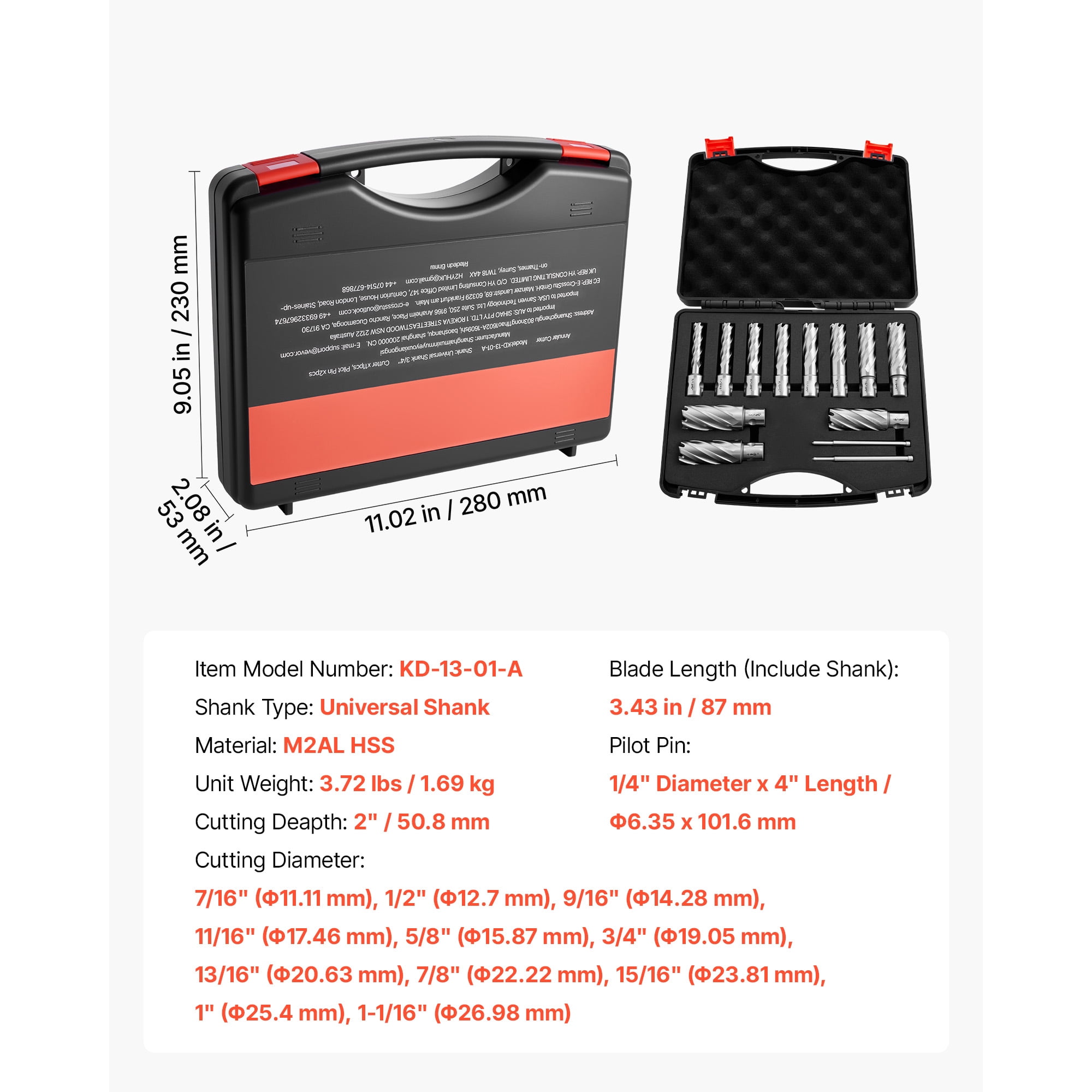 KFFKFF 13-Piece Annular Cutter Set, Universal Shank Drill Bit Kit, 2" Cutting Depth, 7/16" to 1-1/16" Diameter, HSS Material, Includes 11 Drill Bits, 2 Pilot Pins, and Plastic Case