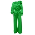 thumbnail image 5 of Aihuaihua Women's Satin 2 Piece Outfits Elegant V-Neck Long Sleeve Tops and Wide Leg Pants Sets Formal Clothes for Work Wedding Green, 5 of 5