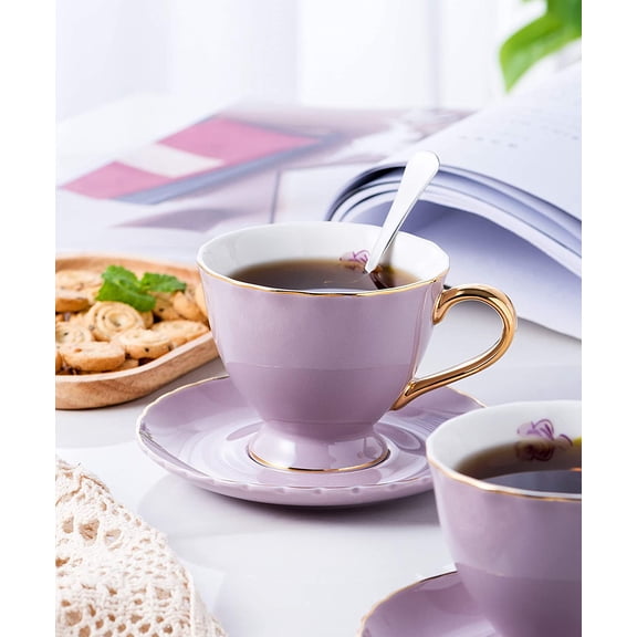 ® Porcelain Tea Cup and Saucer Coffee Cup Set with Saucer and Spoon Set of 6 (FD-TCS02 purple (6), 7oz)