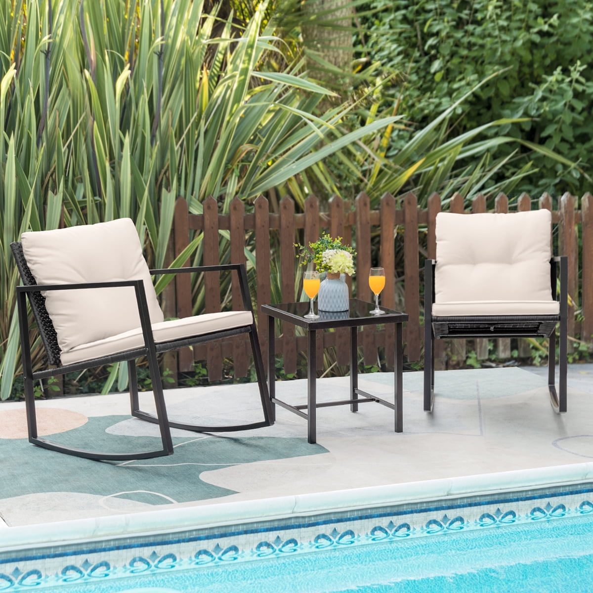 Black Basics 3-Piece Patio Bistro Rocking Chair Set with Tempered Glass Side Table and Cushions 
