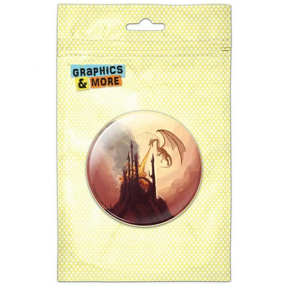 Dragon Breathing Fire Castle Ruins Pinback Button Pin Badge