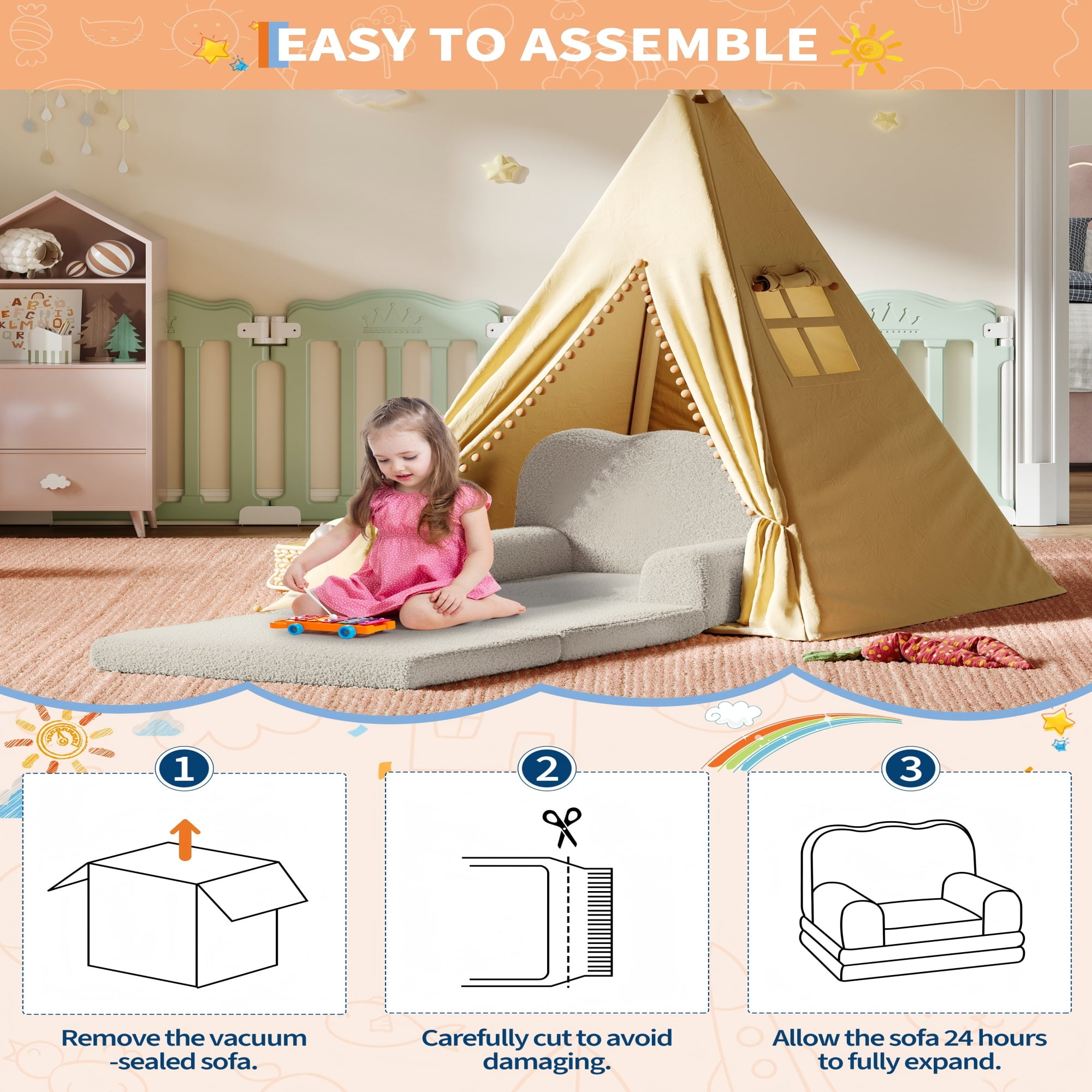 COZONY 2-in-1 Kids Couch, Convertible Toddler Sofa Chair, Fold-Out Teddy Fleece Lounger, Kid’s Sofa Bed