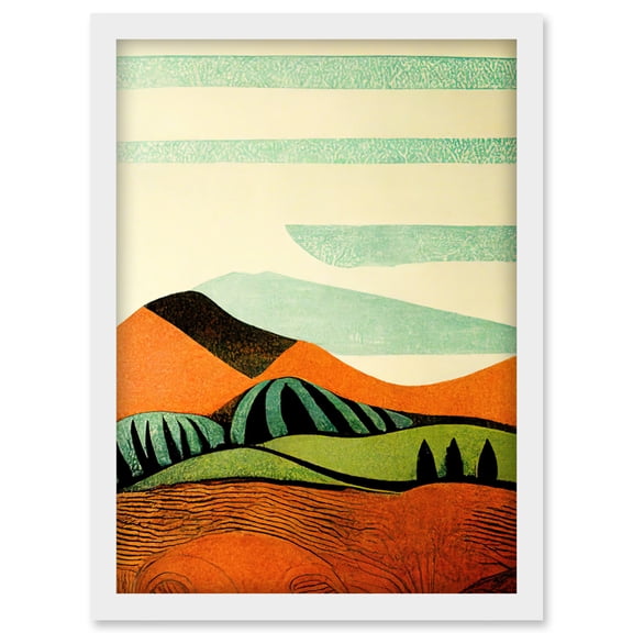 Abstract Eclectic Tangerine And Olive Countryside Linocut Illustration Artwork Framed Wall Art Print A4