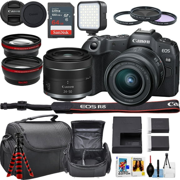 Canon EOS R8 Mirrorless Camera   Canon 24-50mm lens   LED light   more (18 pc Bundle)