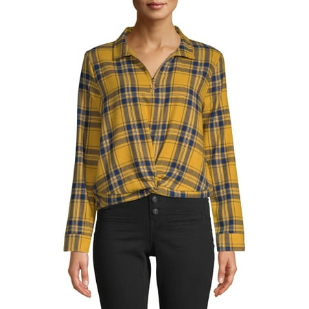 No Boundaries Juniors Collar Zip Front Plaid Shirt with Twist Front