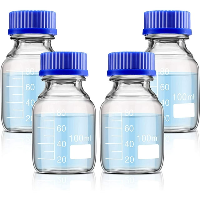 Bouteilles Rondes en Verre pour Rangement de Médias Borosilicate 100 ml GL45 Bleu Bouchon à Vis Réactif Liquide de Labo 4 Pcs