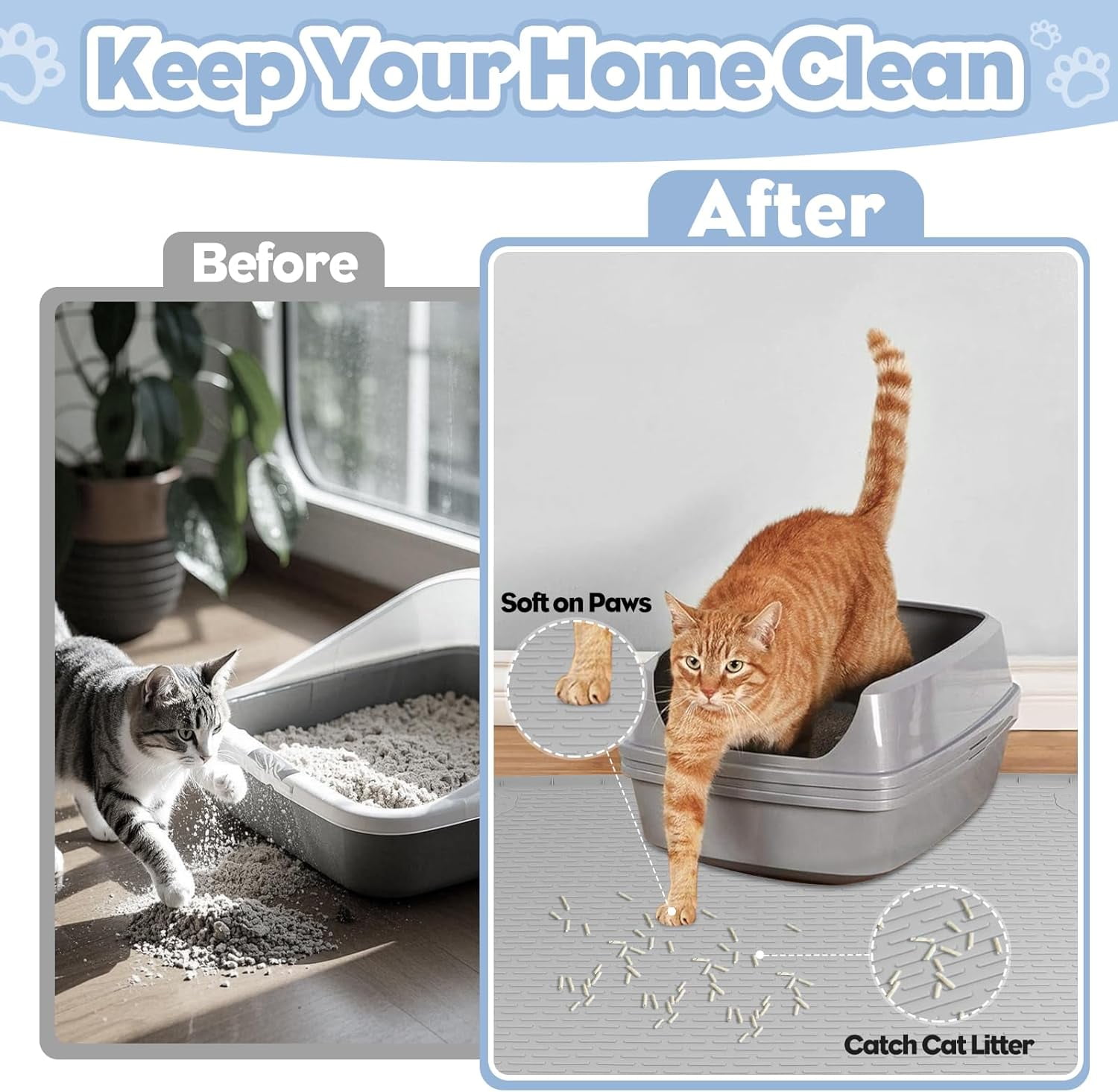 Kalolary Cat Litter Mat, Extra Large 40" x 28" Silicone Mat Litter Trapping Mat for Scatter Control, Soft on Kitty Paws, Easy to Clean (Gray)