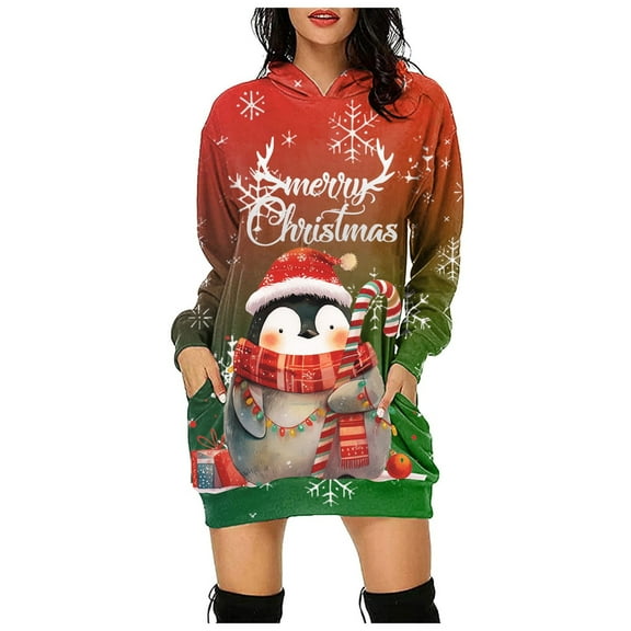 zaveiop Christmas Hooded Sweatshirt Dress Women Long Sleeve Above Knee Midi Xmas Apparel with Pockets Santa Festive Outfits (Dark Green, S)