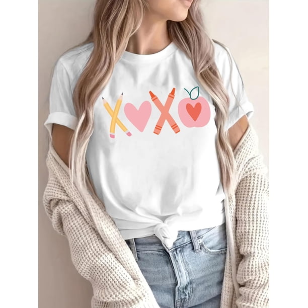 Valentine'S Day Themed Women'S T-Shirt, Casual Round Neck, Knit Fabric, Creative Love Heart & Crayon , Regular Length, All-Season Wear, Ideal Couples Gift Tee For Adult, Men, Women, Teen, Teenager,