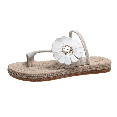 

Cathalem Ladies Fashion Solid Color Suede Cover Toe Flower Decoration Open Toe Flat Sandals Beige 37