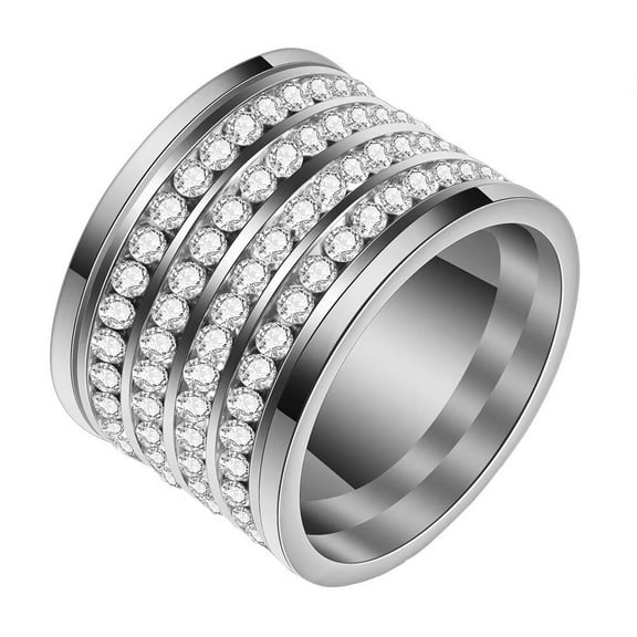 HIJONES Women's Stainless Steel 4 Rows White Plated Round-Cut Micro Pave Cubic Zirconia Crystal Ring Cocktail Jewelry Silver Size 6