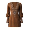 thumbnail image 2 of Women's Western Style Suede Dress V Neck Button Long Sleeve Casual Elegant Short Dress, 2 of 4