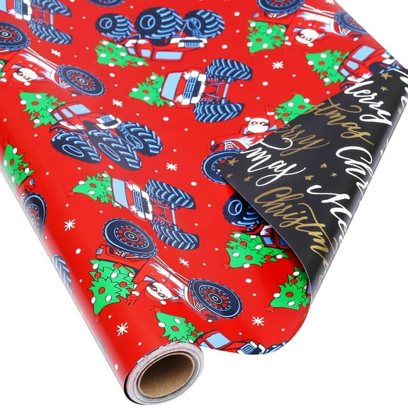 RICHTOP Reversible Eco-friendly Christmas Gift Wrap Paper, Santa & Monster Trucks Design