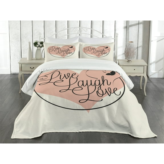 Ambesonne Live Laugh Love Quilted Bedspread Set 3 Pcs, Heart Butterfly, Queen Size, Pale Pink Black White