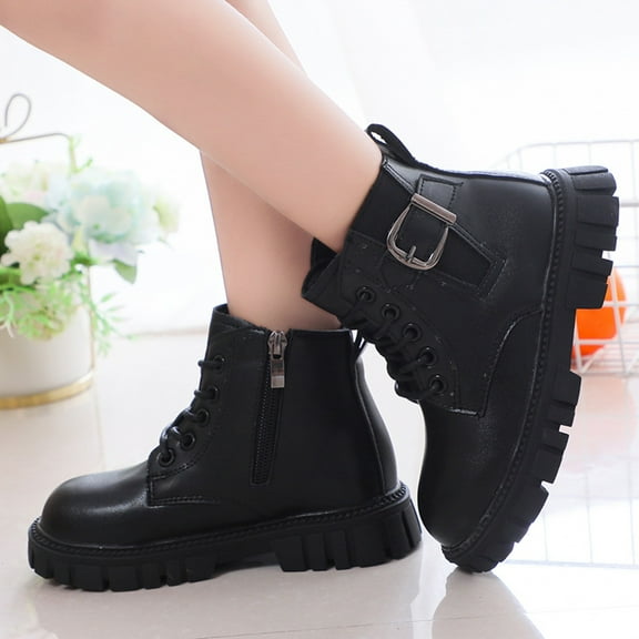 ZHOGXU Big Kids Girls Boots Thick Heel Soft Sole Non Slip Zipper Solid Color Comfortable Fashion Shoes For Casual Daily Wear Black 3.5-4 Years