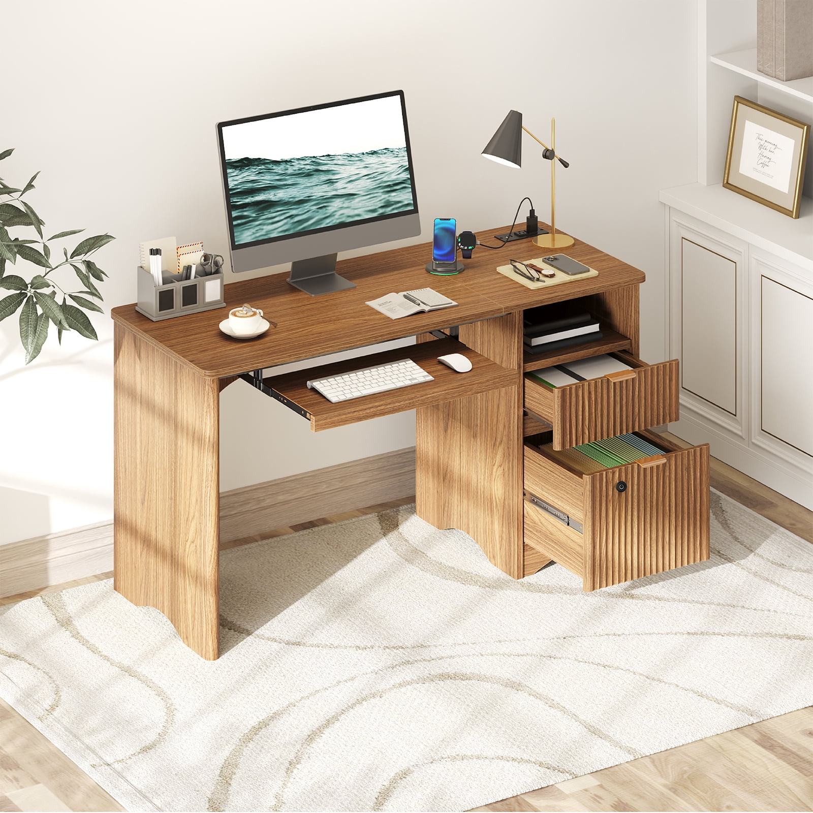 Bestier 55" Home Office Desk with Smart Fingerprint Cabinet Lock, Writing Computer Desk with Power Outlets, Keyboard Tray and Storage Drawers, Brown