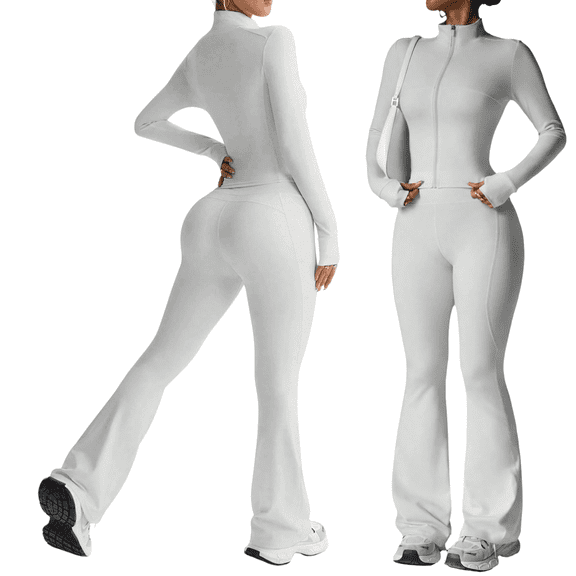 LNZGNM Casual Two Piece Outfits for Women All Season Daily Wear Fitted Zip Front Tops and Bootcut Flare Pants with Pockets Outfit Sets, (L)