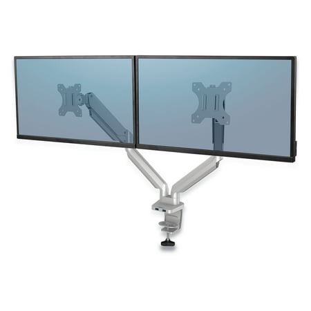 UPC: 0043859764228 | Fellowes Mfg. Co. Platinum Series Dual Monitor Arm  For 27  Monitors  360 Deg Rotation  45 Deg Tilt  180 Deg Pan  Silver  Supports 20 Lb