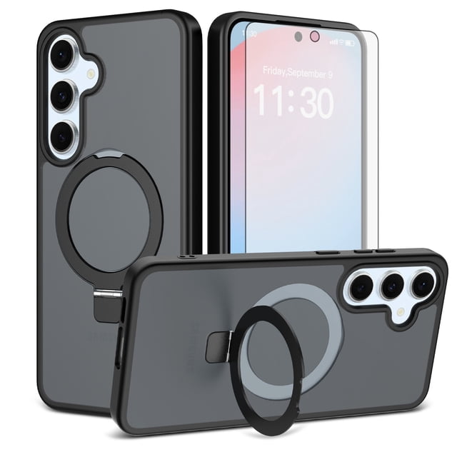 Asuwish Phone Case for Samsung Galaxy S24 FE 5G Tempered Glass Screen Protector Magnetic Folding Stand Frosted Translucent Rugged Shockproof Protective Cell Cover S 24 EF AI S24FE 24S Women Men Black